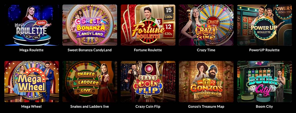 Luckera live casino games, game shows, Mega Roulette, Sweet Bonanza CandyLand, Crazy Time, PowerUp Roulette, Mega Wheel